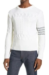 Thom Browne Stripe Aran Cable-knit Merino Wool Sweater In White