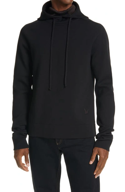 Bottega Veneta Hooded Wool Blend Knit Sweater In Black-chocolate