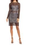 Tadashi Shoji Netting Illusion Long Sleeve Sheath Dress In Black/ Silver