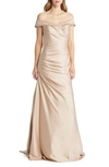 LA FEMME OFF THE SHOULDER RUCHED SATIN TRUMPET GOWN,28103