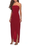 LA FEMME STRAPLESS RUCHED SOFT JERSEY GOWN,28204