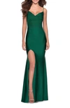 La Femme Form Fitting Jersey Prom Dress With Draped Neckline In Emerald