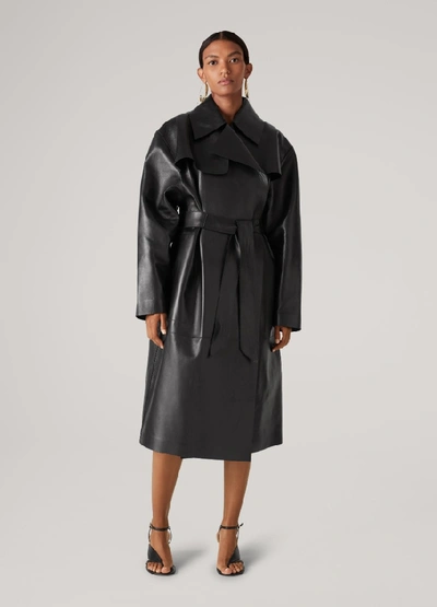 St. John Nappa Leather Belted Coat In Caviar