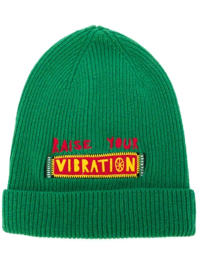 La Doublej Vibration Embroidered Slogan Beanie In Verde