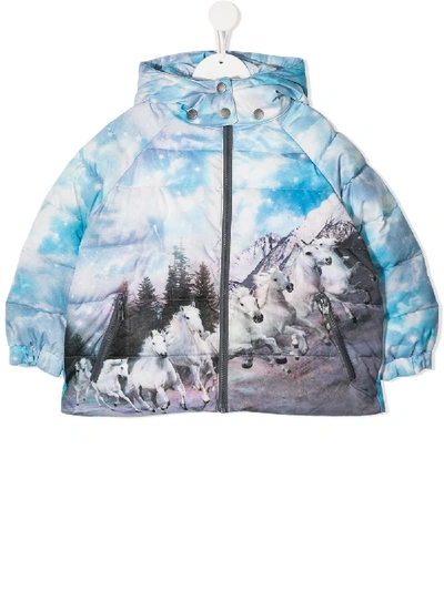 Stella Mccartney Kids' Horse-print Recycled-polyester Puffer Coat In Blue