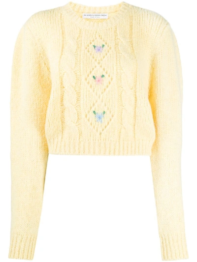 Alessandra Rich Floral-embroidered Alpaca-blend Cropped Sweater In Yellow