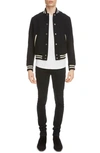 Saint Laurent Teddy Logo Patch Wool Blend Bomber Jacket In Noir
