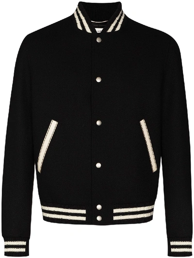 Saint Laurent Teddy Logo Patch Wool Blend Bomber Jacket In Black