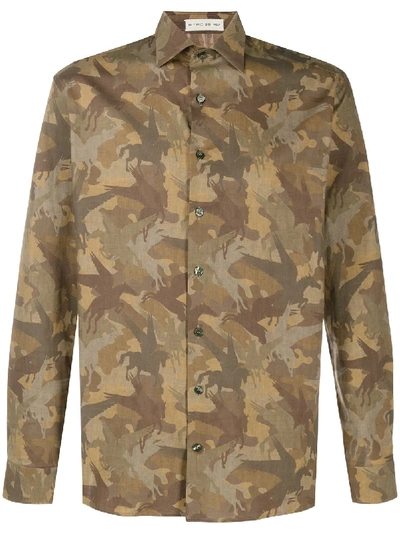 Etro Long-sleeved Camouflage Print Shirt In Brown