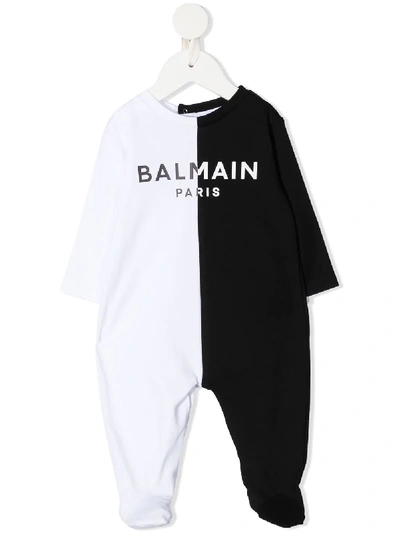 Balmain Babies' 双色logo印花连体衣 In White