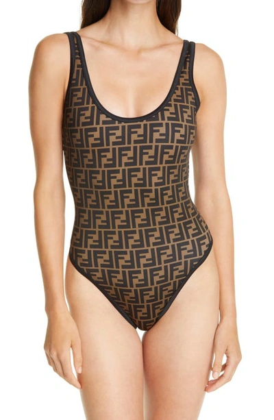 Fendi Ff Logo Print Swimsuit In Black,brown