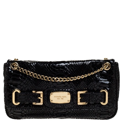 Pre-owned Michael Michael Kors Python Effect Patent Leather And Suede Buckle Flap Shoulder Bag In Black