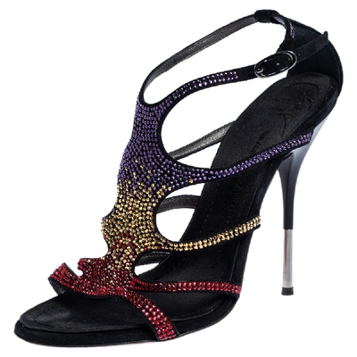 Pre-owned Giuseppe Zanotti Black Multicolor Crystal Embellished Suede Cut Out Sandals Size 37