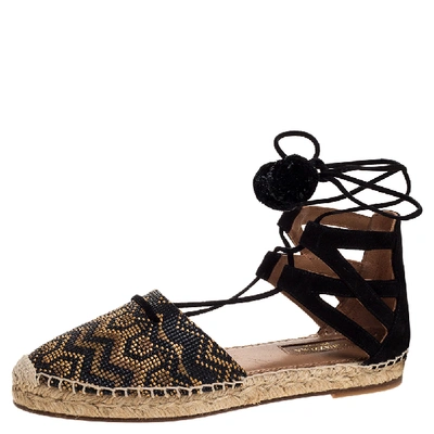 Pre-owned Aquazzura Brown/black Raffia And Suede Leather Belgravia Lace Up Espadrille Flat Sandals Size 36