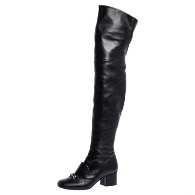 Pre-owned Gucci Black Leather Horsebit Over The Knee Boots Size 37.5