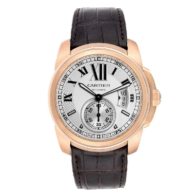 Pre-owned Cartier Silver 18k Rose Gold Calibre De Automatic W7100009 Men's Wristwatch 42 Mm