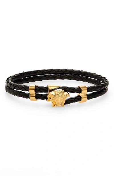 Versace Medusa Braided Leather Bracelet In Black