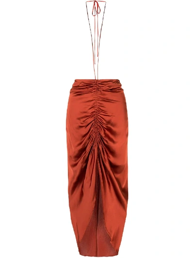 Dion Lee Terracotta Gathered Satin Midi Skirt In Brown