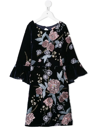 Marchesa Notte Mini Kids' Girl's Bell-sleeve Floral-embroidered Velvet Dress In Navy
