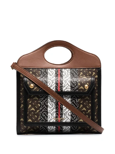 Burberry Pocket Mini Tb-print Coated-canvas Handbag In Brown