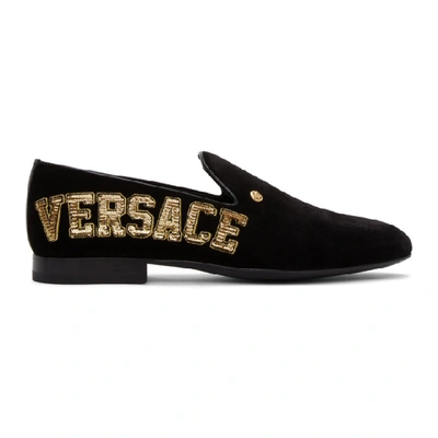 Versace Black Velvet Logo Loafers In D41oh Black