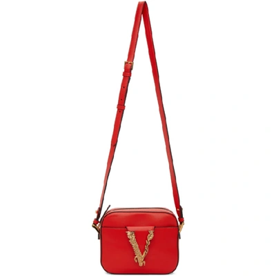 Versace Red Leather Virtus Camera Bag In Eros Flame Red Oro Tribute