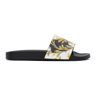 Versace Black, White And Yellow Baroque Print Sandals In Dbn9 Whtgld