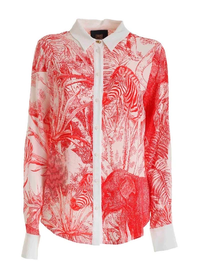 Class Roberto Cavalli Jungle Print Crepe Shirt In White And Red