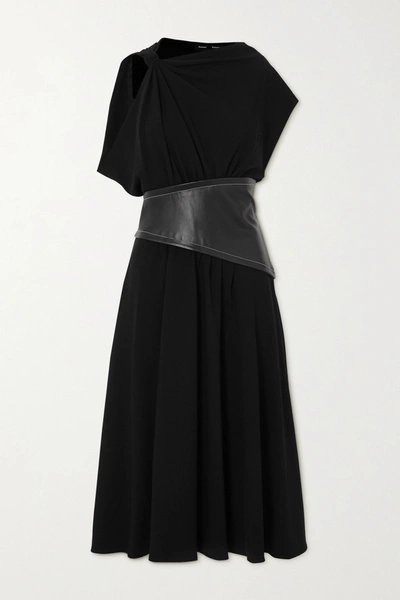 Proenza Schouler Leather Waist Asymmetrical Crepe Midi Dress In Black