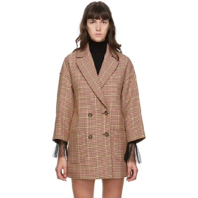 Red Valentino Houndstooth Double-breasted Coat In Pink Yellow