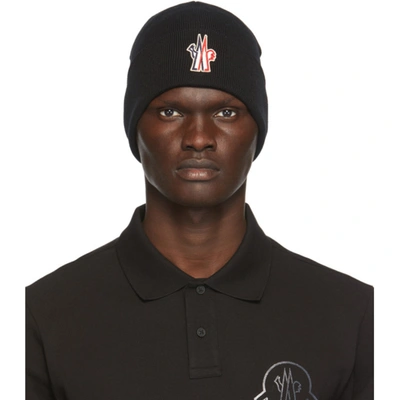 Moncler Black Logo Wool Beanie Hat In Black