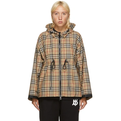Burberry Logo Tape Vintage Check Hooded Jacket In Brown