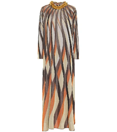 Gucci Embellished-collar Jacquard-stripe Lurex Dress In Orange