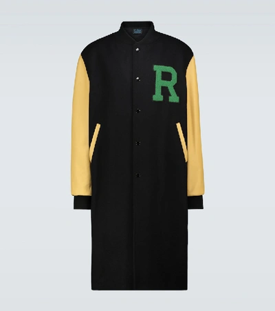 Raf Simons Leather Sleeve Long Wool Bomber Jacket In Black