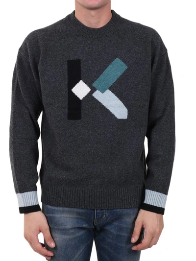 Kenzo Intarsia-knit Logo Jumper In Grey
