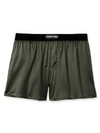 Tom Ford Velvet-trimmed Stretch-silk Satin Boxer Shorts In Olive Green