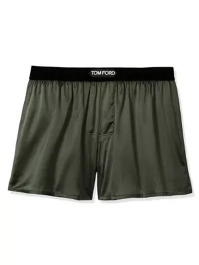 Tom Ford Velvet-trimmed Stretch-silk Satin Boxer Shorts In Green