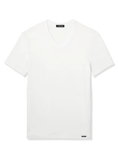 Tom Ford Marl Cotton Jersey V Neck T-shirt In White
