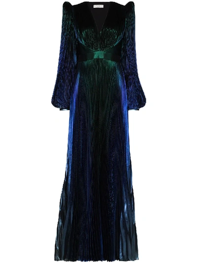 Givenchy Pleated Long Sleeve Degrade Lame Gown In Blue