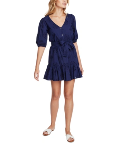 1.state Eyelet-embroidered Ruffled-hem Mini Dress In Navy Sky