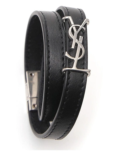 Saint Laurent Opyum Double Wrap Bracelet With Silver-tone Metal In Black