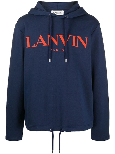 Lanvin Logo Print Cotton Sweatshirt Hoodie In Blue