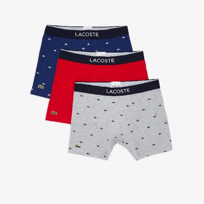 Lacoste 3 Pack Trunks With All Over Logo In Navy/ Gray/ Red-multi In Blue