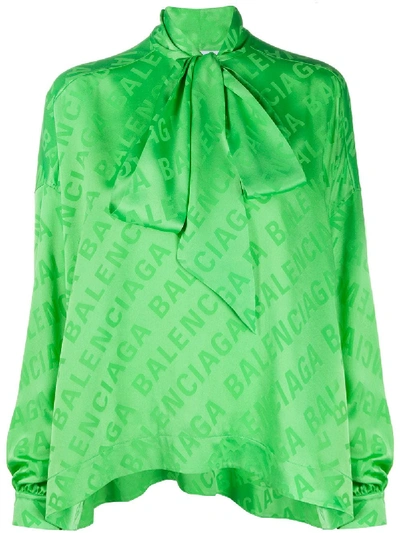 Balenciaga Vareuse Tonal Logo Jacquard Silk Blouse In Green