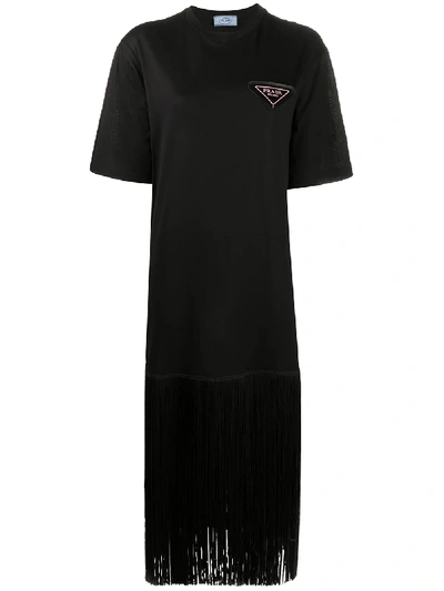 Prada T-shirt-kleid Mit Logo-schild In Black