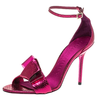 Pre-owned Burberry Fuchsia Pink Python Leather Bow Ankle Strap Sandals Size 37.5