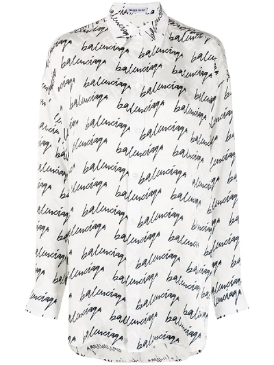 Balenciaga Scribble Print Logo Jacquard Silk Blouse In White