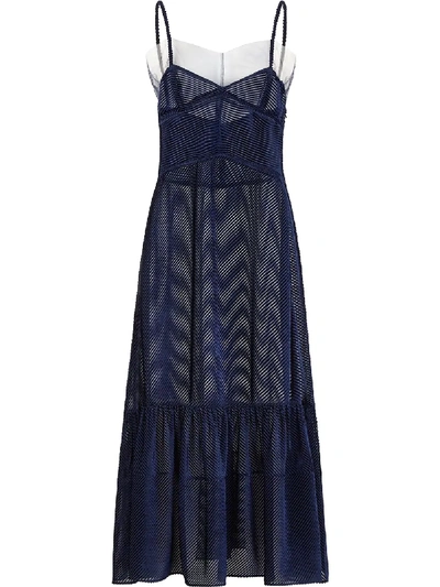 Fendi Tulle Trim Burnout Velvet Midi Dress In Blue