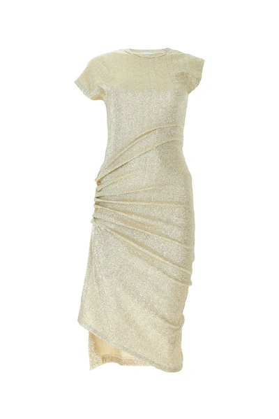 Rabanne Asymmetric Ruched Metallic-effect Midi Dress In Gold