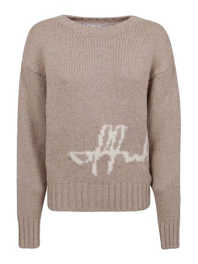 Off-white Intarsia Script Logo Alpaca Blend Sweater In Camel/ White